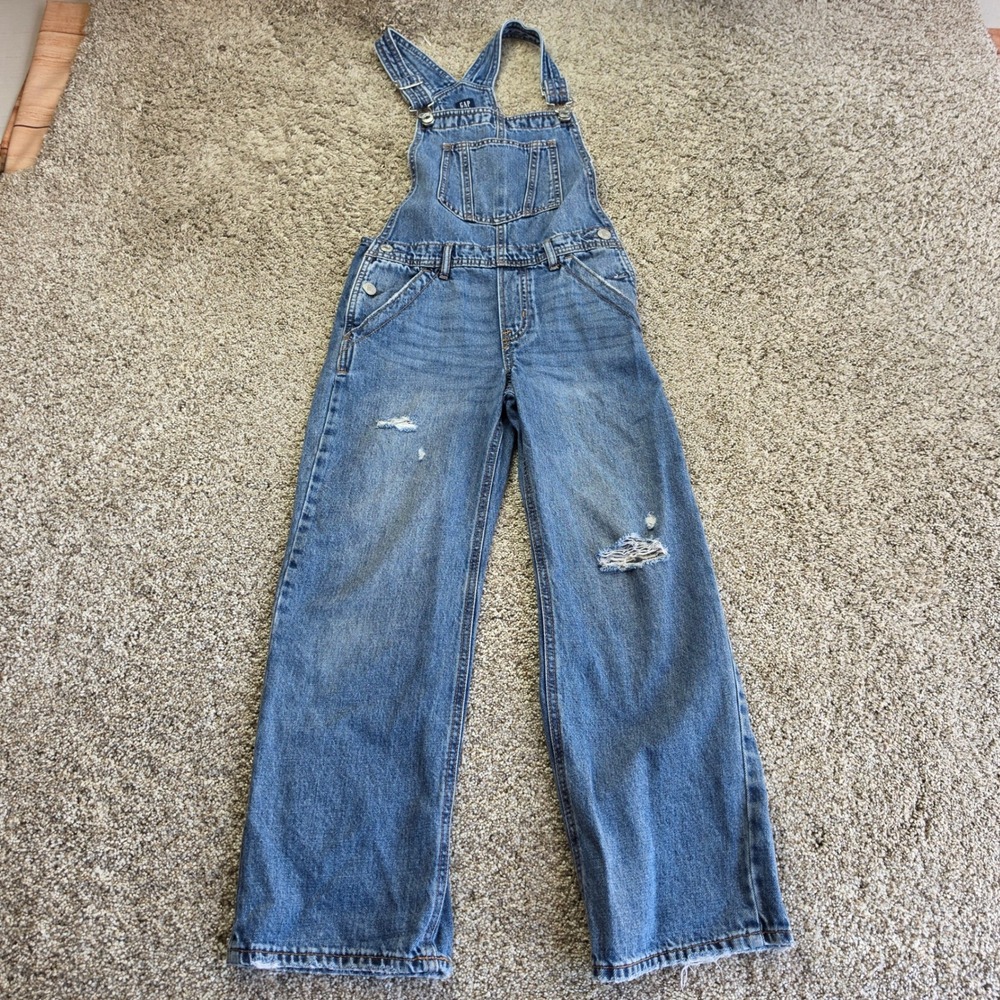 Gap Kids Overalls Girls Large Blue Distressed Wide Leg Denim Outdoor Y2K Kids